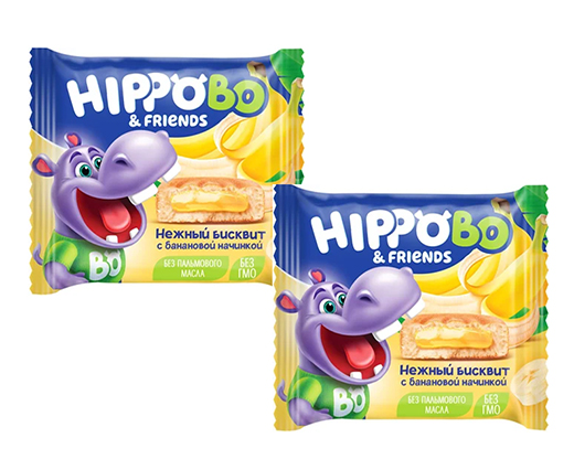 Десерт бисквитный HIPPO BO & friends (Хиппо) с банановой начинкой, 32г/12шт  вб302