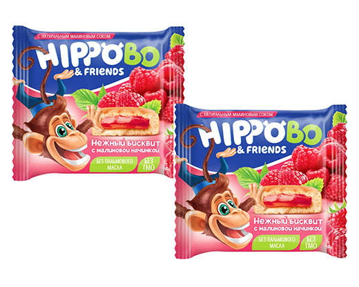 Десерт бисквитный HIPPO BO & friends (Хиппо) с малиновой начинкой, 32г/12шт  вб300