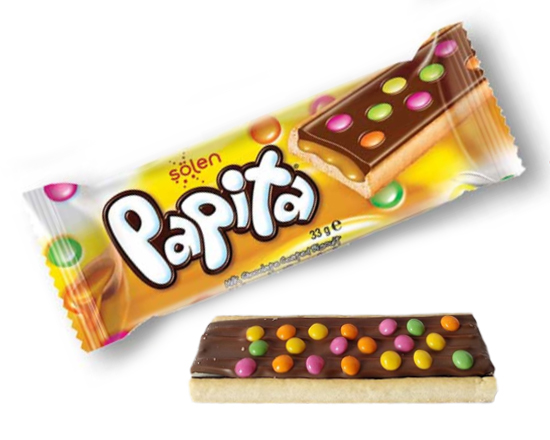 Батончики Papita (Папита) печенье, молочный шоколад, карамель и драже 33г/24шт