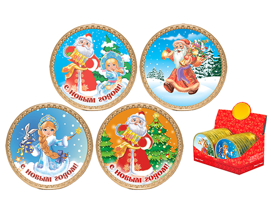 Новогодняя медаль 25г/24шт "Дед Мороз и Снегурочка" с цетной картинкой Ш.дом ю342