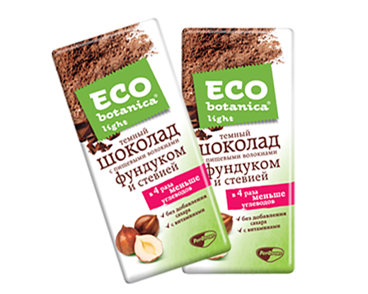 Диетпродукт Шоколад темный "ECO-BOTANICA" с дробленым фундуком и стевией (без сахара) 90гр