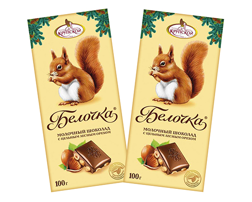 Шоколад Белочка с цельным лесным орехом (молочный шоколад) 100гр ф-ка Крупской