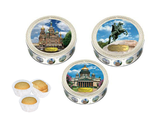 Печенье сувенирное в жест.банке "Санкт-Петербург " 3 дизайна 400г (сдобное со сливочным маслом)